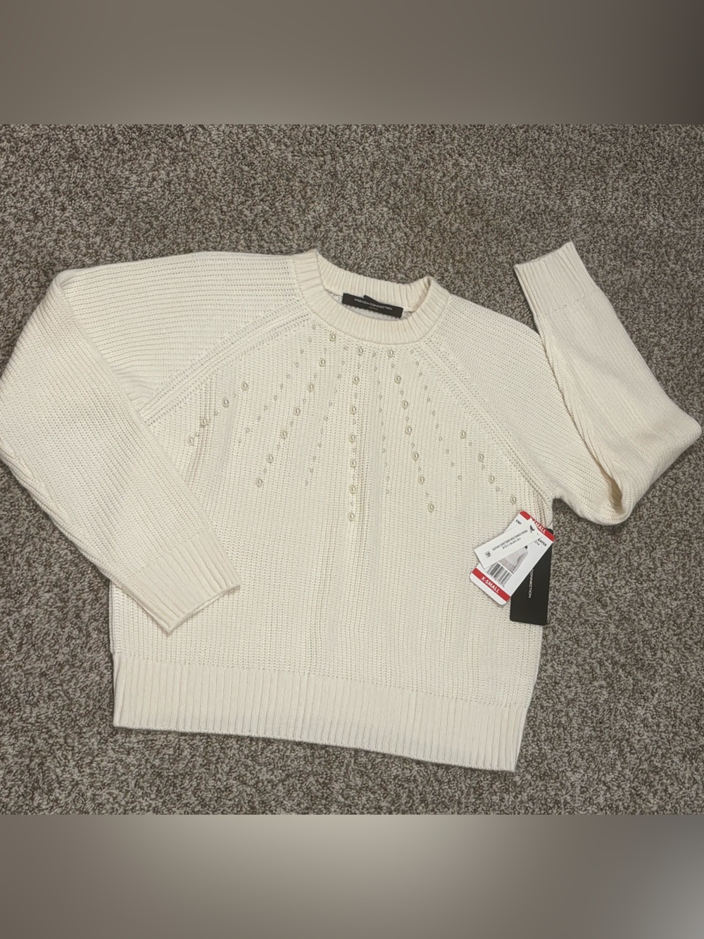 French Connection Cream Crewneck Knit Sweater with Pearl Detail